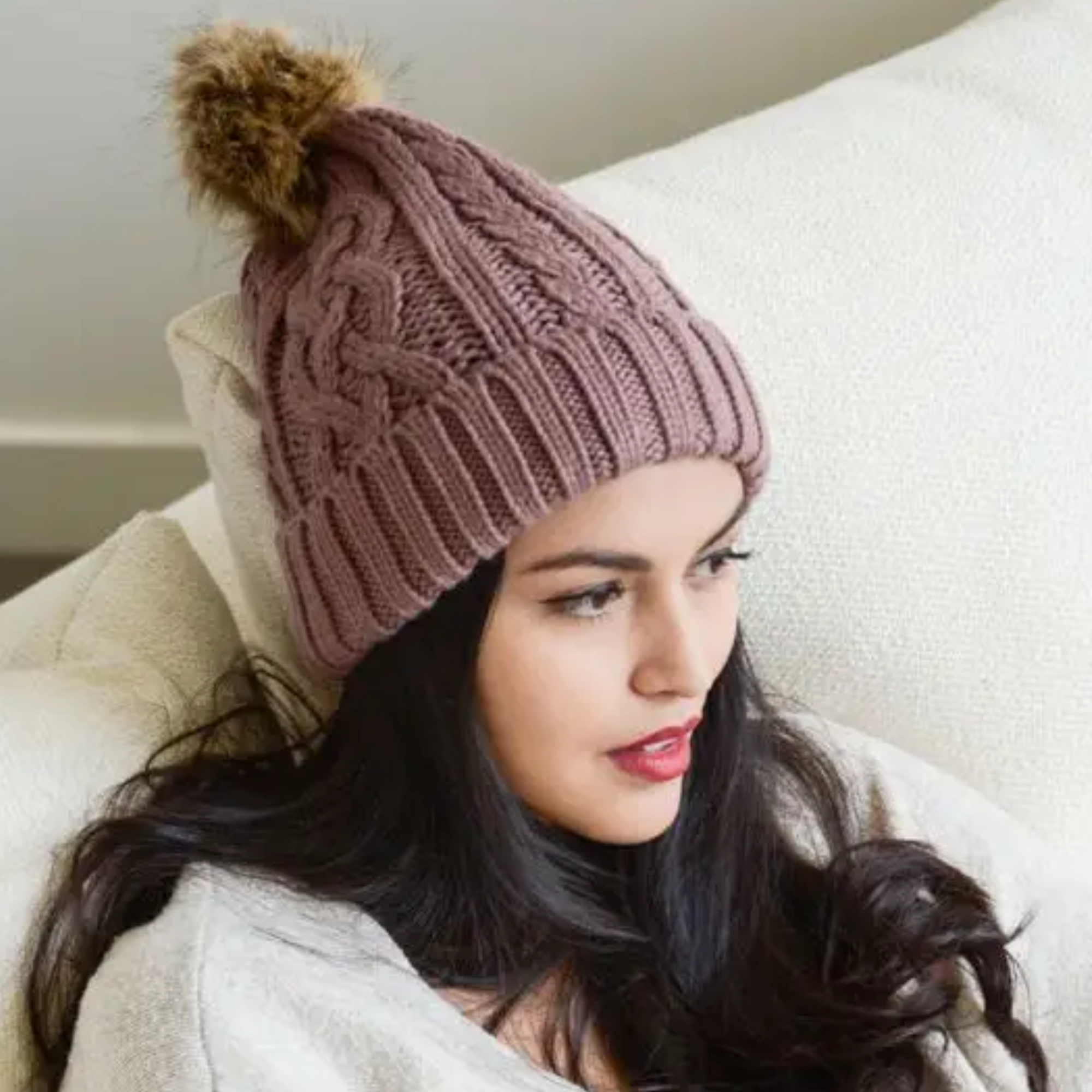 Women\'s Faux Fur Pom Winter Knitted Beanie Hat The Maizy Knit Faux Fur Pom Womens Beanie – Coal Headwear main image 4